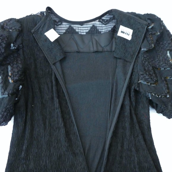 Vintage Black Evening Dress Ric Rac Sequin Puff Sleeves Crinkle Sheath Union Tag - Picture 4 of 13
